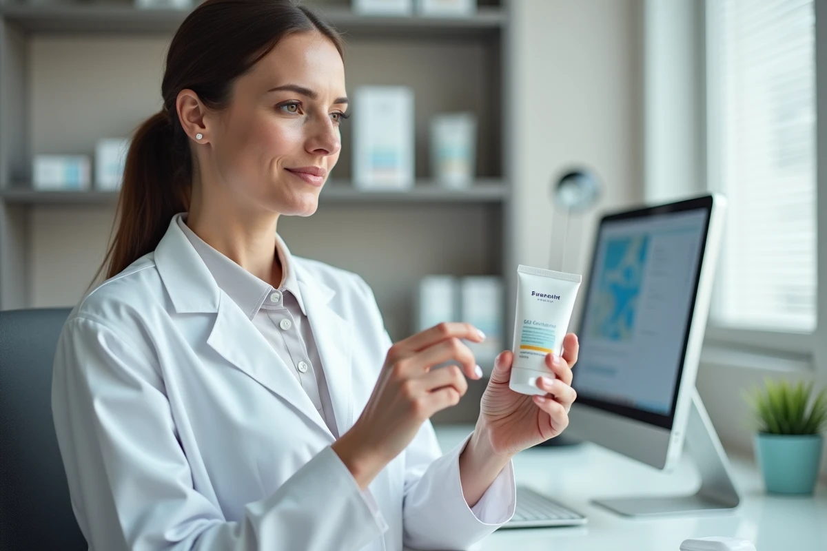 Dermatologue tenant une crème cicatrisante Ialuset dans un cabinet médical moderne