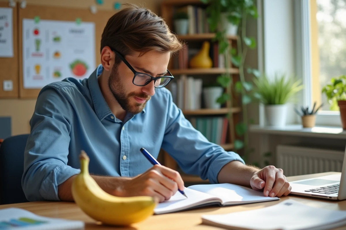 Dietitian examinant une banane dans son bureau lumineux