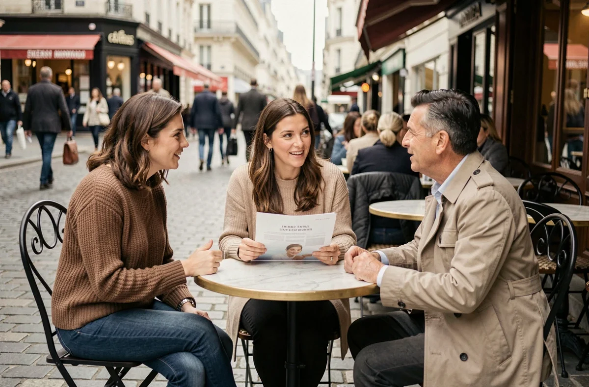 Trois adultes discutant d'un article sur le bien-être et la santologie en terrasse de café parisien