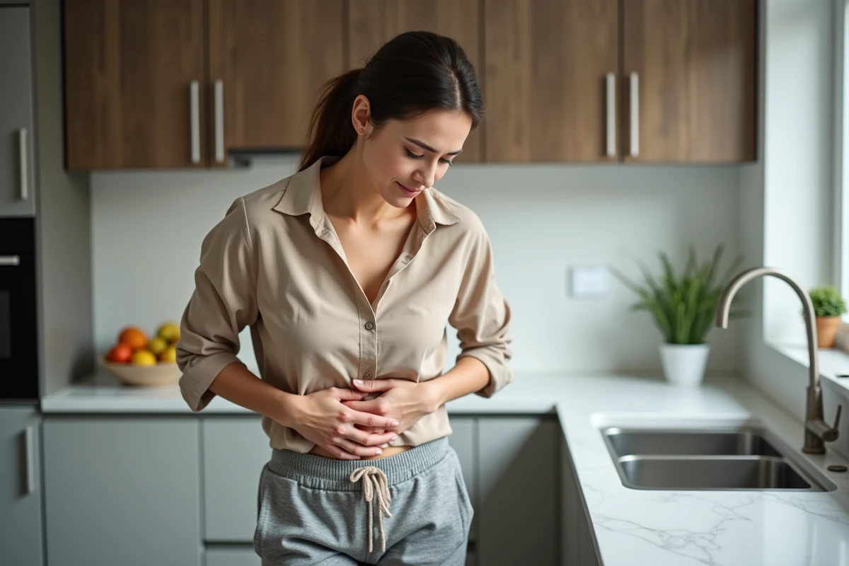 Femme debout dans une cuisine moderne se tenant le bas ventre gauche avec une grimace de douleur
