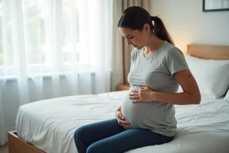 Femme assise sur un lit tenant son côté gauche du bas ventre avec une expression préoccupée