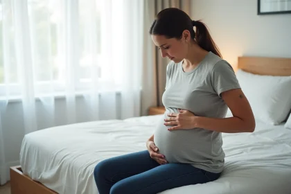 Femme assise sur un lit tenant son côté gauche du bas ventre avec une expression préoccupée