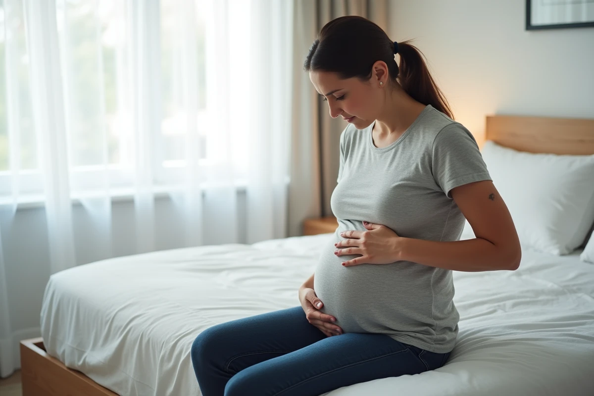 Femme assise sur un lit tenant son côté gauche du bas ventre avec une expression préoccupée