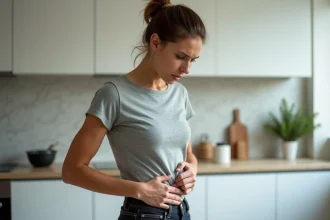 Femme tenant son côté droit douloureux sous les côtes dans une cuisine moderne