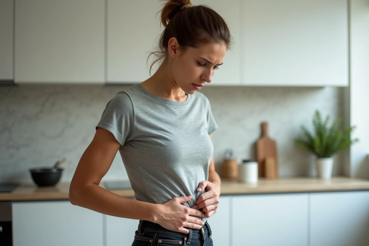 Femme tenant son côté droit douloureux sous les côtes dans une cuisine moderne