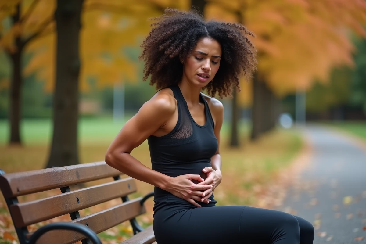 Femme sportive assise sur un banc tenant son côté droit douloureux après une course