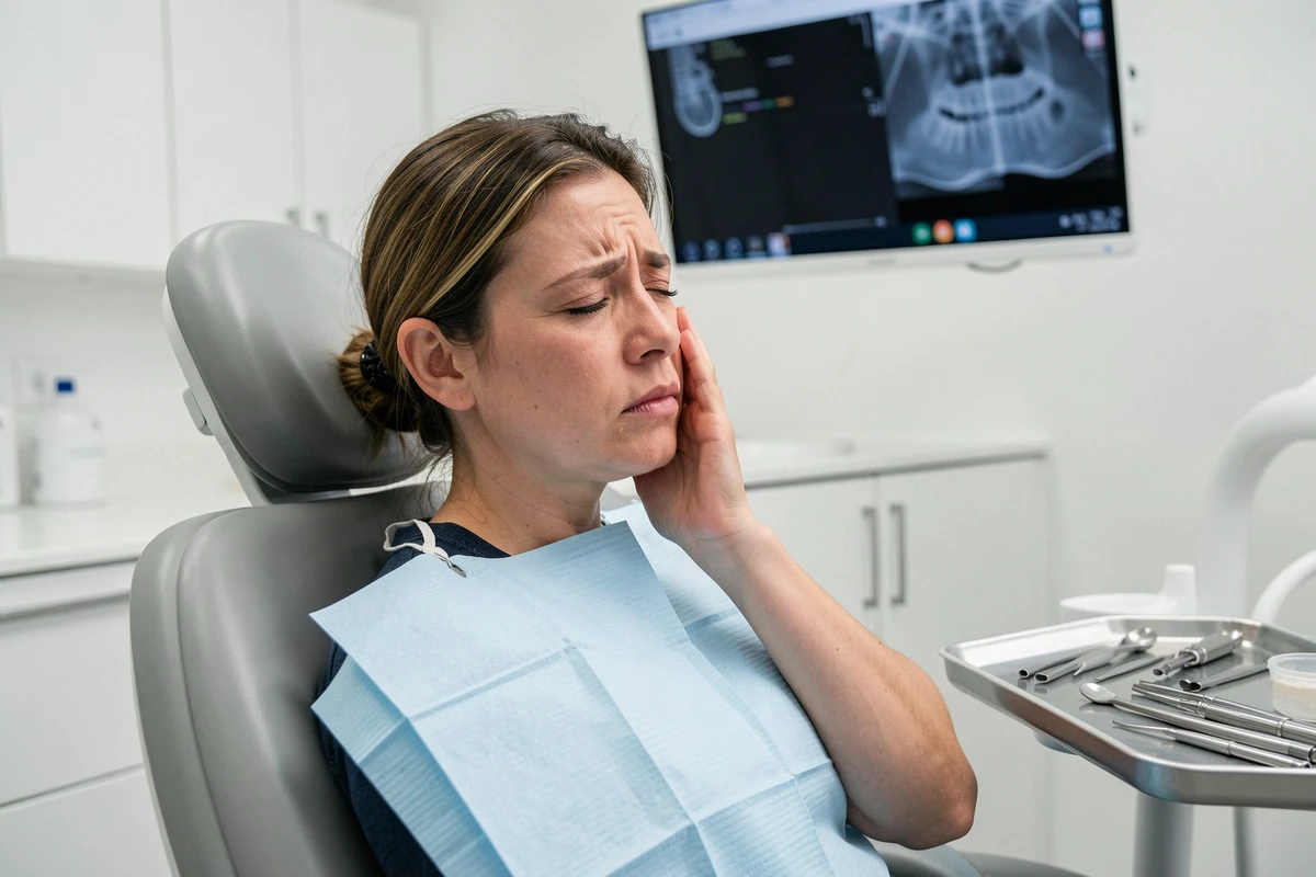Femme souffrant d'une douleur dentaire aiguë assise dans un fauteuil de dentiste, main sur la joue