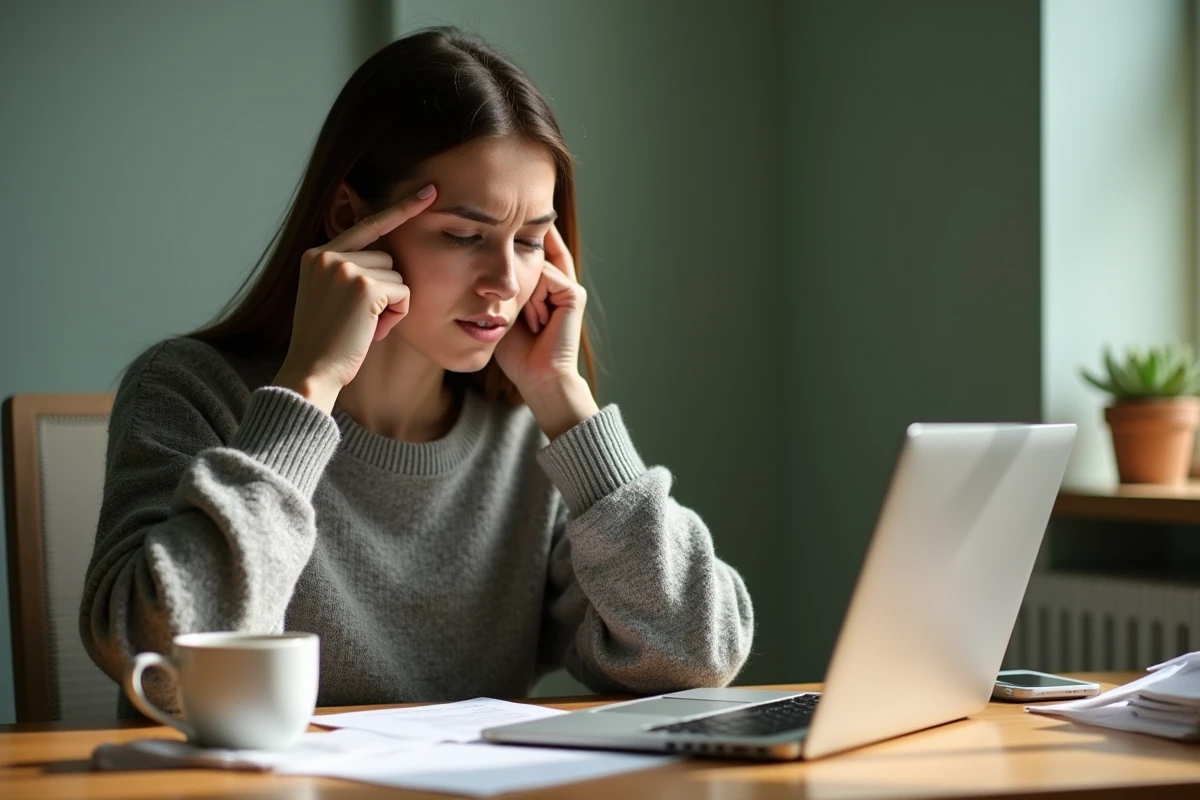 Femme fatiguée au réveil se tenant la mâchoire douloureuse après une nuit de bruxisme