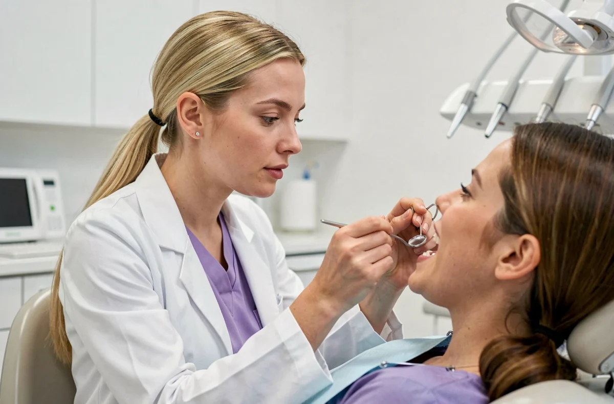 Orthodontiste femme examinant la dentition d'une patiente dans son cabinet à Auray