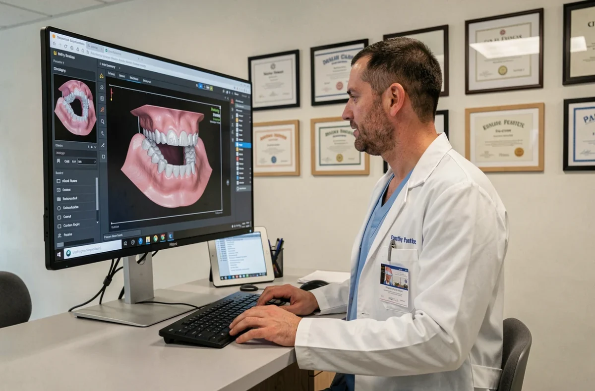 Orthodontiste homme consultant un scanner dentaire 3D sur écran dans son cabinet à Pontivy