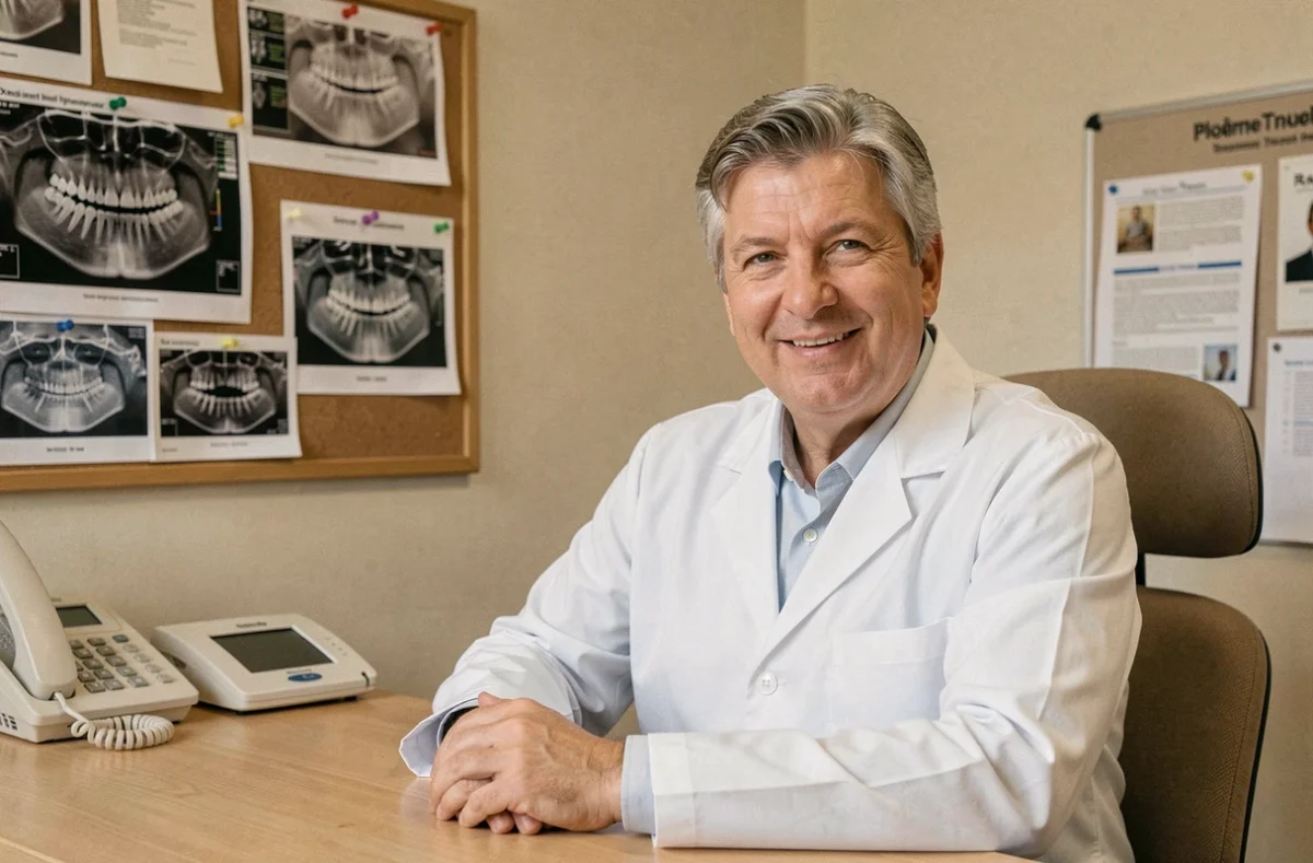 Orthodontiste homme assis à son bureau avec des radiographies dentaires visibles à Ploërmel