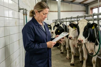 Éleveuse laitière examinant les résultats d'analyse qualité du lait sur un clipboard dans une salle de traite moderne avec vaches Holstein en arrière-plan