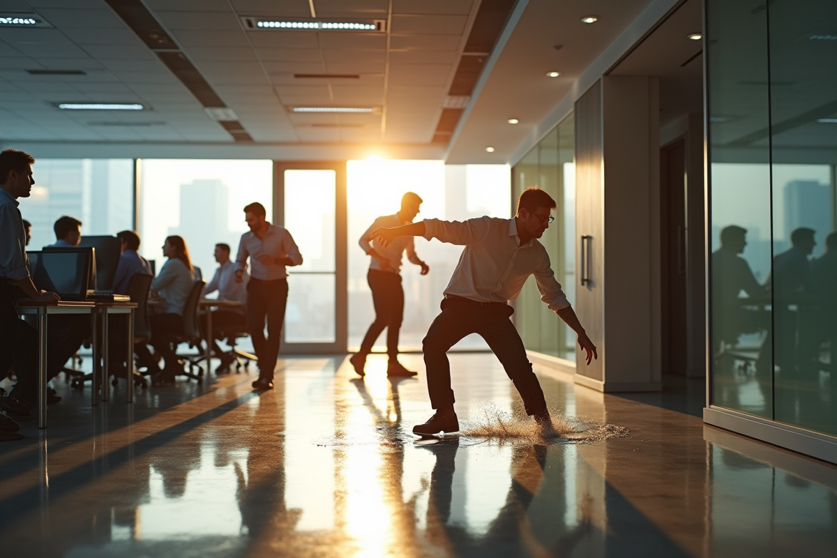 Employe glissant dans un bureau moderne ensoleille