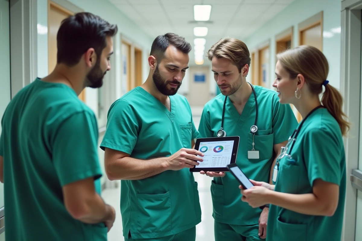 Équipe soignante consultan une mise à jour du logiciel de soins sur une tablette dans un couloir hospitalier