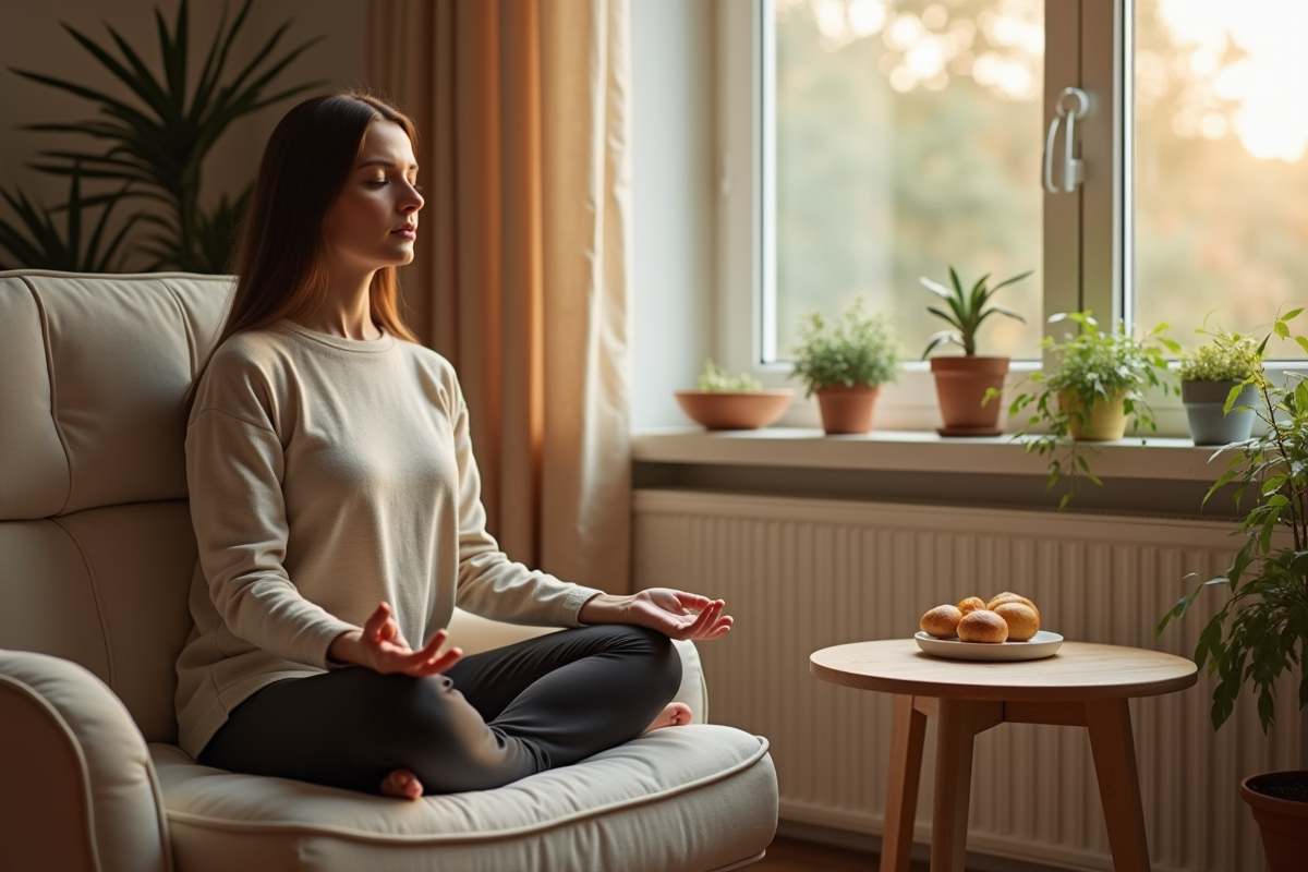 Personne pratiquant la respiration profonde dans un salon chaleureux