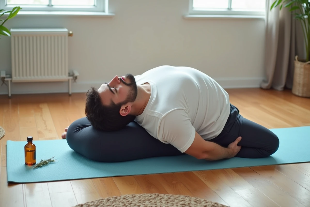 Homme pratiquant des étirements doux sur tapis de yoga pour soulager la douleur sciatique avec une huile essentielle à proximité