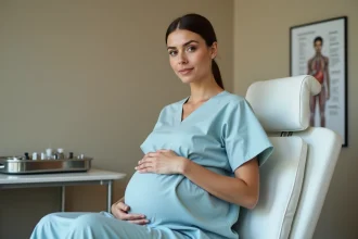 Femme enceinte en salle d'examen obstétrical attendant l'examen du col avant l'accouchement