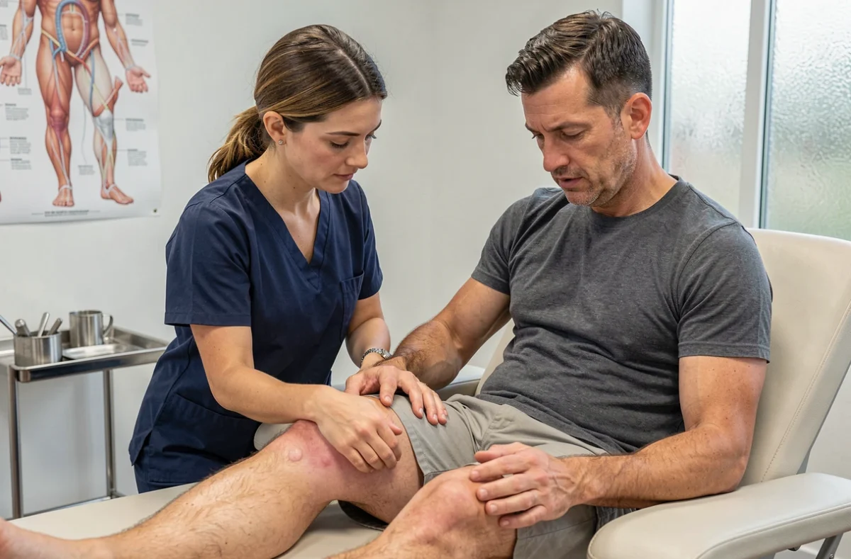 Kinésithérapeute examinant un genou enflé avec épanchement articulaire sur un patient en cabinet médical