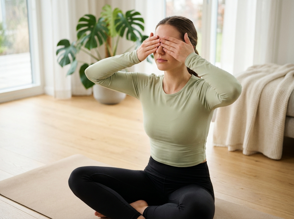 Jeune femme pratiquant un exercice de palming pour reposer ses yeux pendant une séance de bien-être à domicile