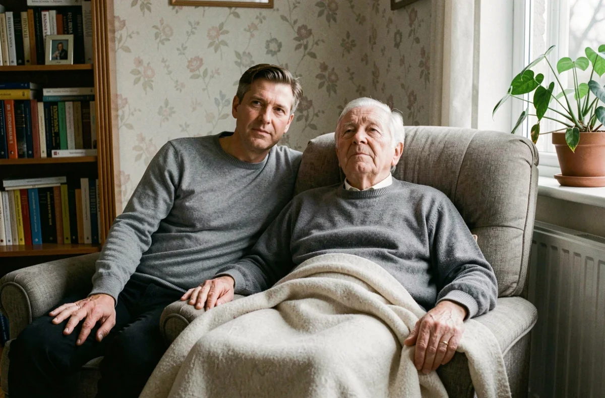 Fils adulte veillant son père âgé atteint d'Alzheimer en phase avancée dans un salon familial