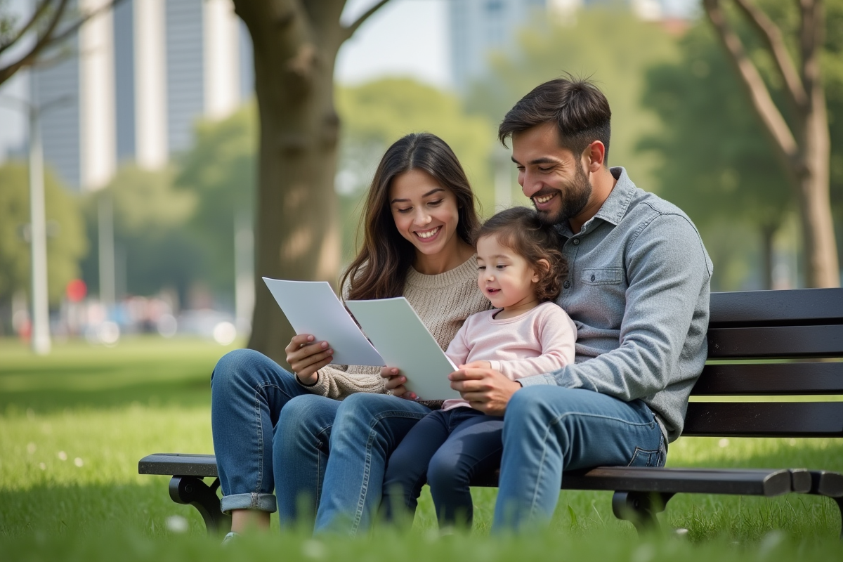 Famille assise sur un banc dans un parc en consultation