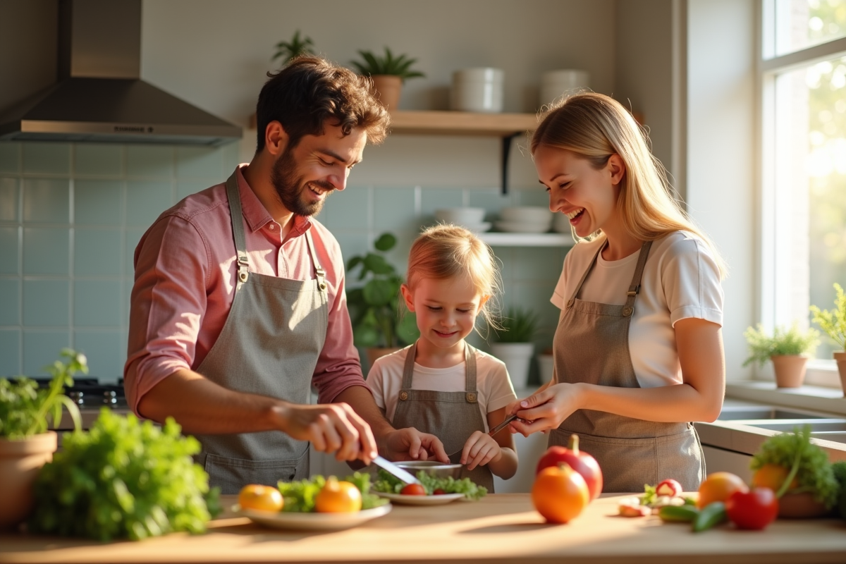Famille préparant un repas sain dans une cuisine lumineuse