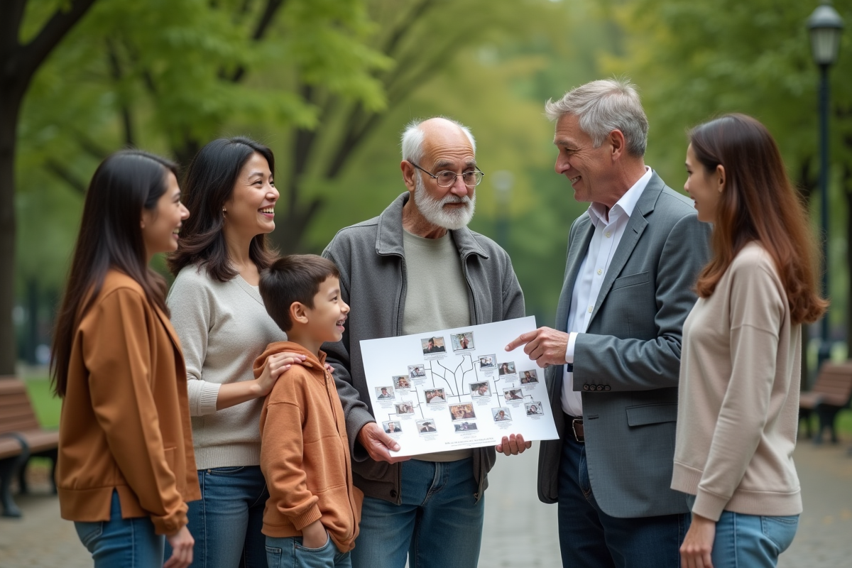 Famille en plein air discute autour d un arbre généalogique