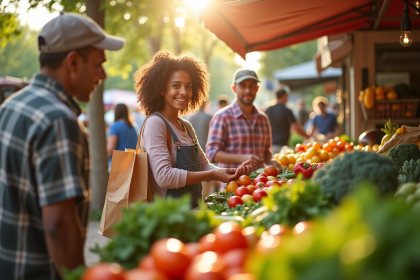 Famille achetant des légumes frais au marché bio