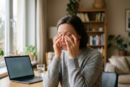 Femme se frottant les yeux après une longue session devant un écran d'ordinateur, illustrant la fatigue oculaire au quotidien
