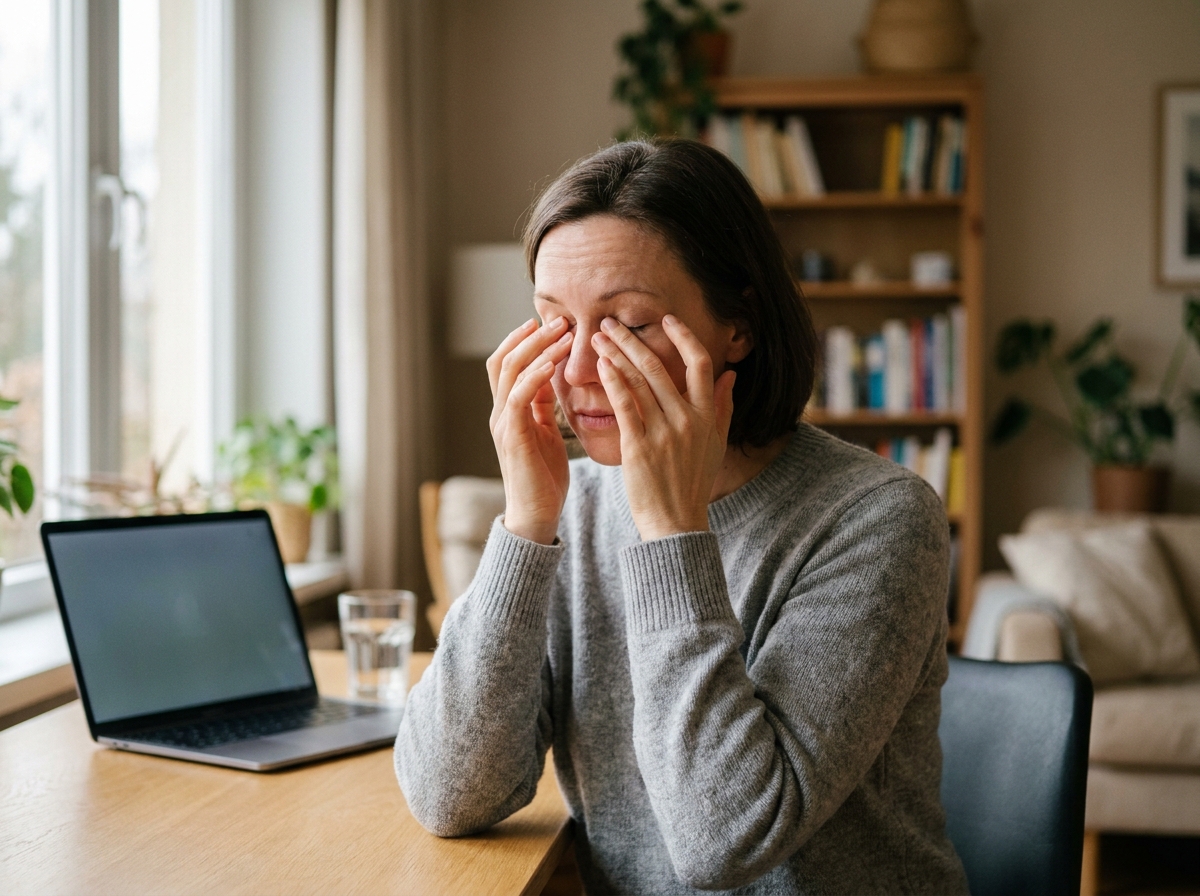 Femme se frottant les yeux après une longue session devant un écran d'ordinateur, illustrant la fatigue oculaire au quotidien