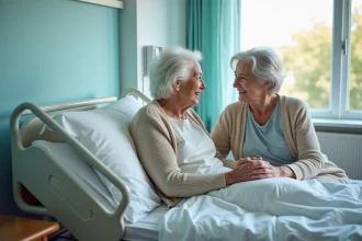 Femme agee rassurante avec sa fille dans une chambre d'hôpital