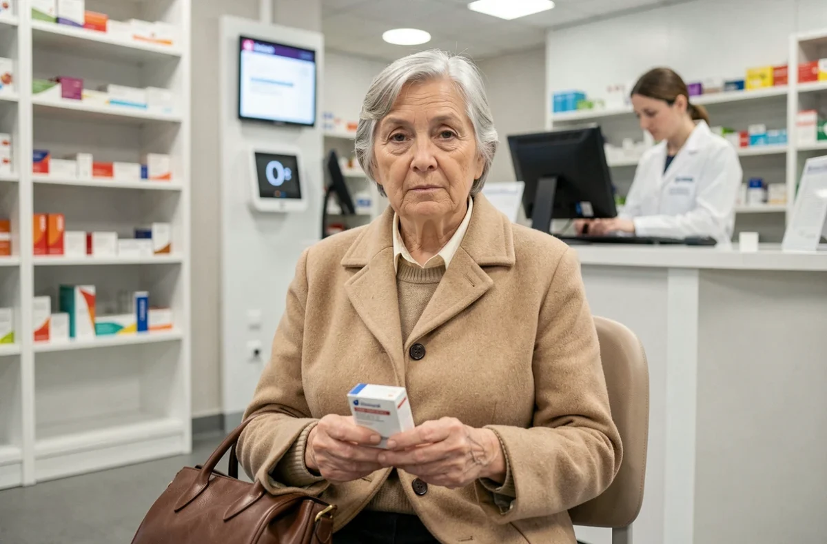Femme âgée attendant dans une pharmacie de garde en Maine-et-Loire avec son traitement