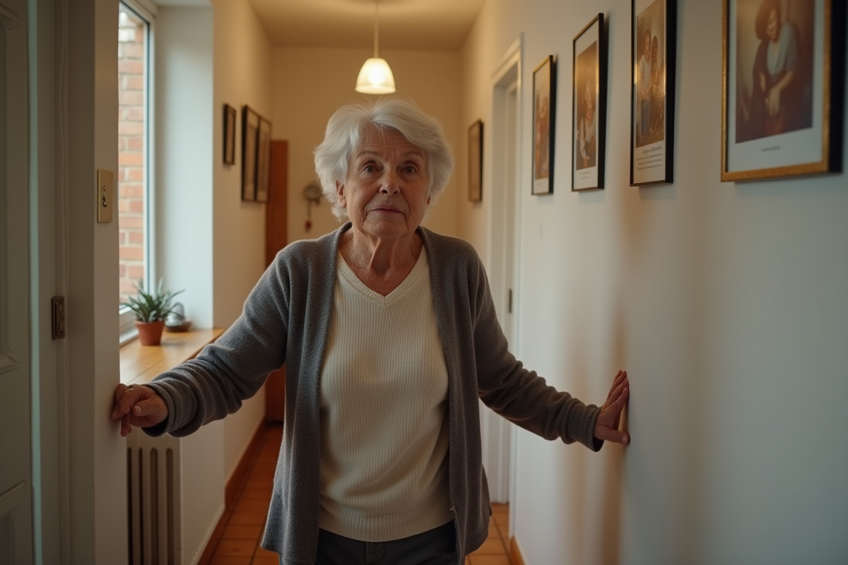 Femme agee se tenant au rail dans un interieur cosy