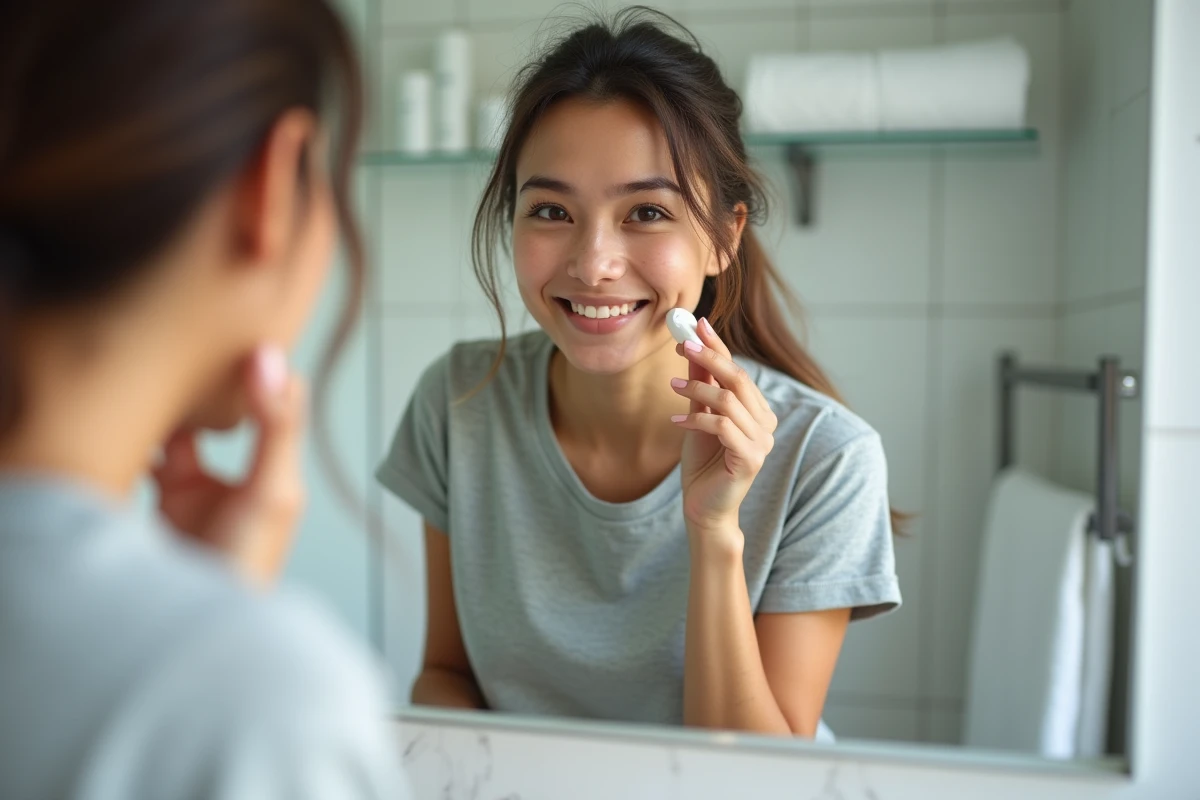 Jeune femme appliquant une crème cicatrisante sur des cicatrices d'acné devant un miroir de salle de bain