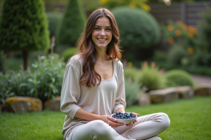 Femme détendue dans un jardin avec des myrtilles