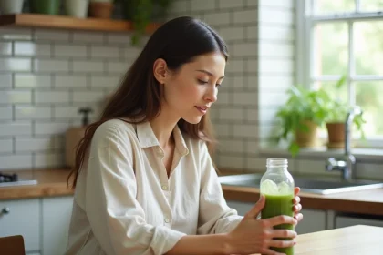 Femme tenant une bouteille de boisson Bonjour dans une cuisine moderne, lisant attentivement l'étiquette