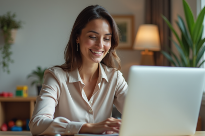 Femme souriante dans son espace de travail &agrave; domicile
