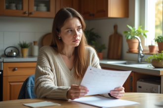 Femme regardant un calendrier dans une cuisine chaleureuse