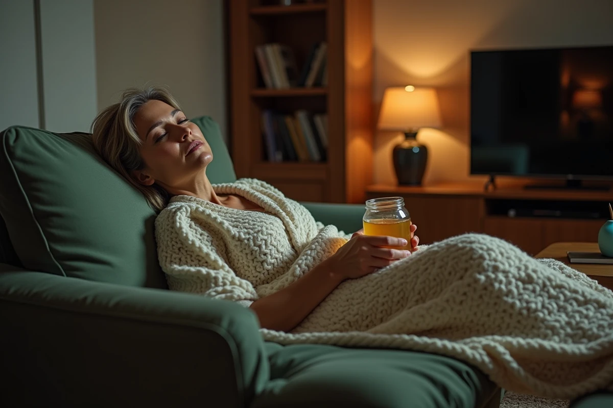 Femme allongée sur un canapé la nuit avec des coussins surélevés et une boisson au miel pour soulager la toux