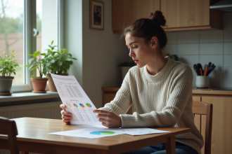 Jeune femme étudie un rapport génétique dans sa cuisine