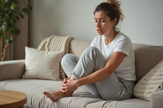 Femme tenant sa cheville gonflée assise sur un canapé à la maison avant de consulter un médecin