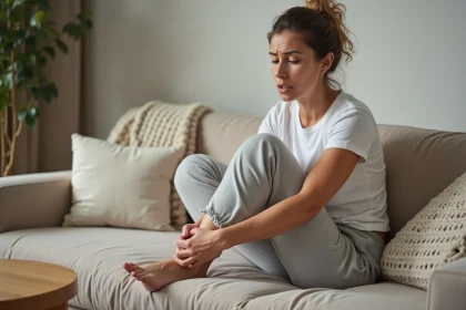Femme tenant sa cheville gonflée assise sur un canapé à la maison avant de consulter un médecin