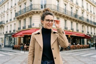 Femme élégante en trench beige et lunettes à Paris