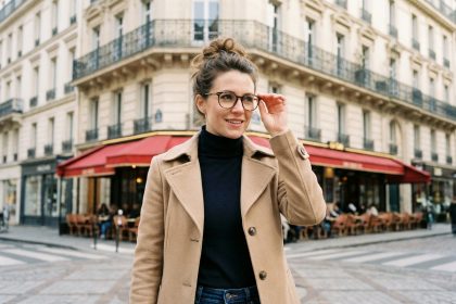 Femme élégante en trench beige et lunettes à Paris