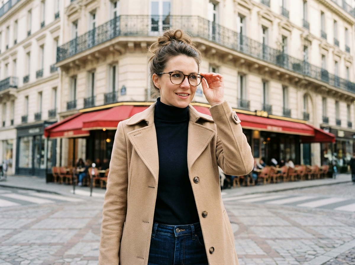 Femme élégante en trench beige et lunettes à Paris