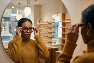 Femme essayant des lunettes à monture écaille de tortue dans une boutique d'opticien au style chaleureux