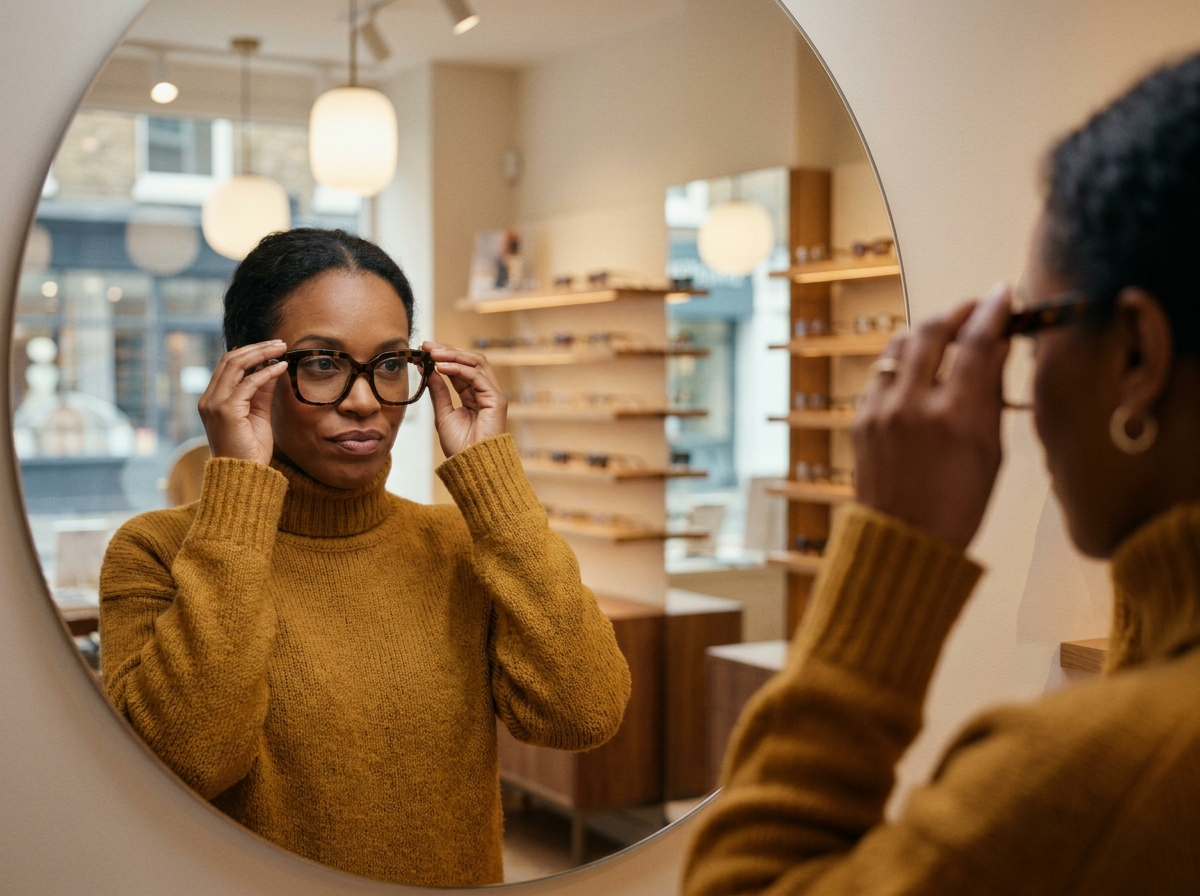 Femme essayant des lunettes à monture écaille de tortue dans une boutique d'opticien au style chaleureux