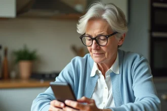 Femme comparant les prix d'une application santé diabète sur smartphone dans une cuisine moderne