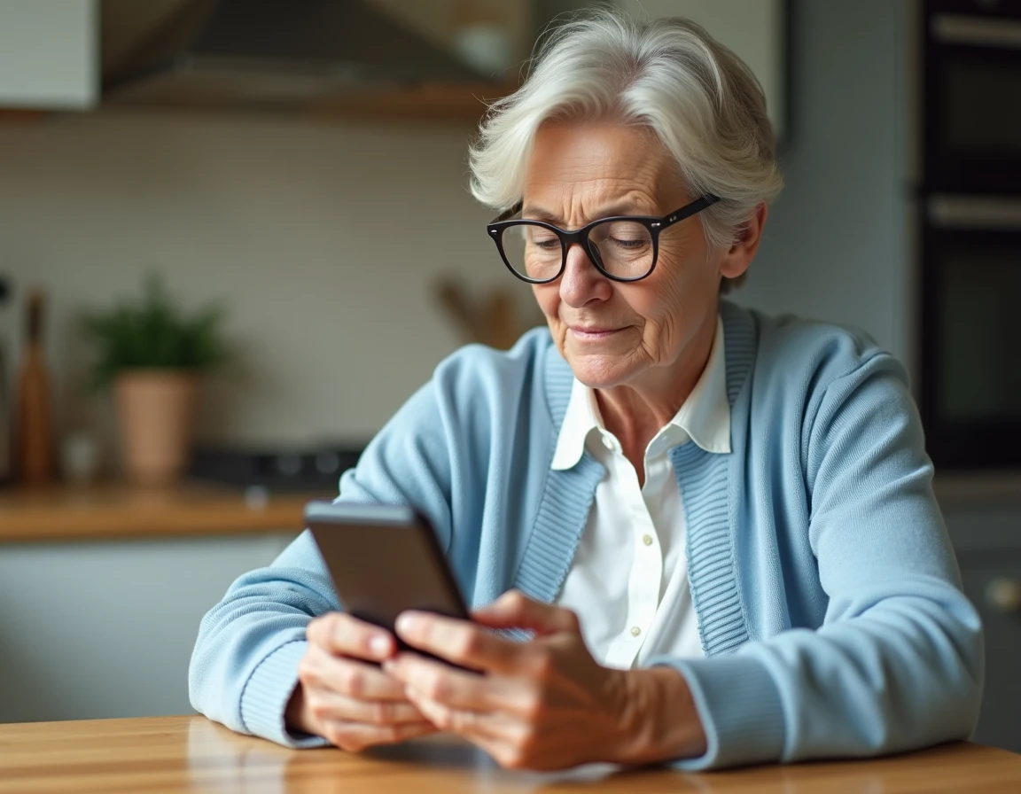 Femme comparant les prix d'une application santé diabète sur smartphone dans une cuisine moderne