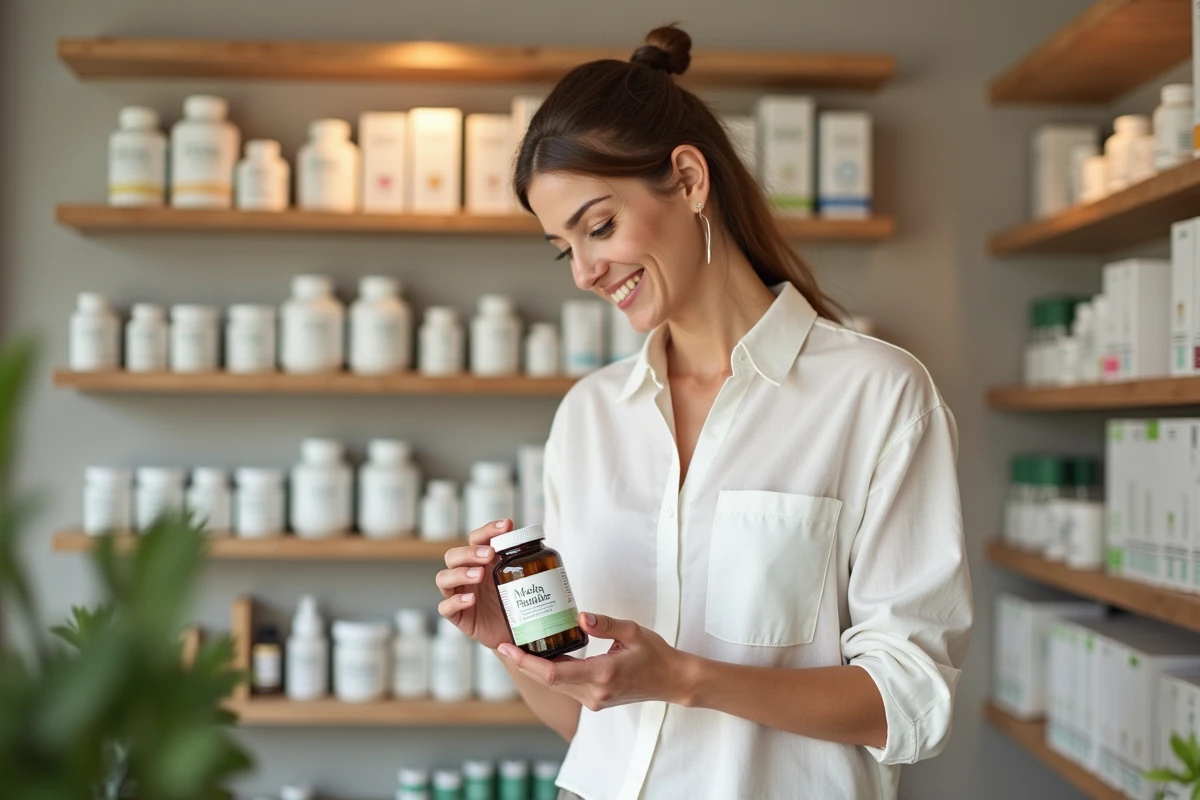 Femme lisant l'étiquette d'un complément alimentaire phyto en pharmacie
